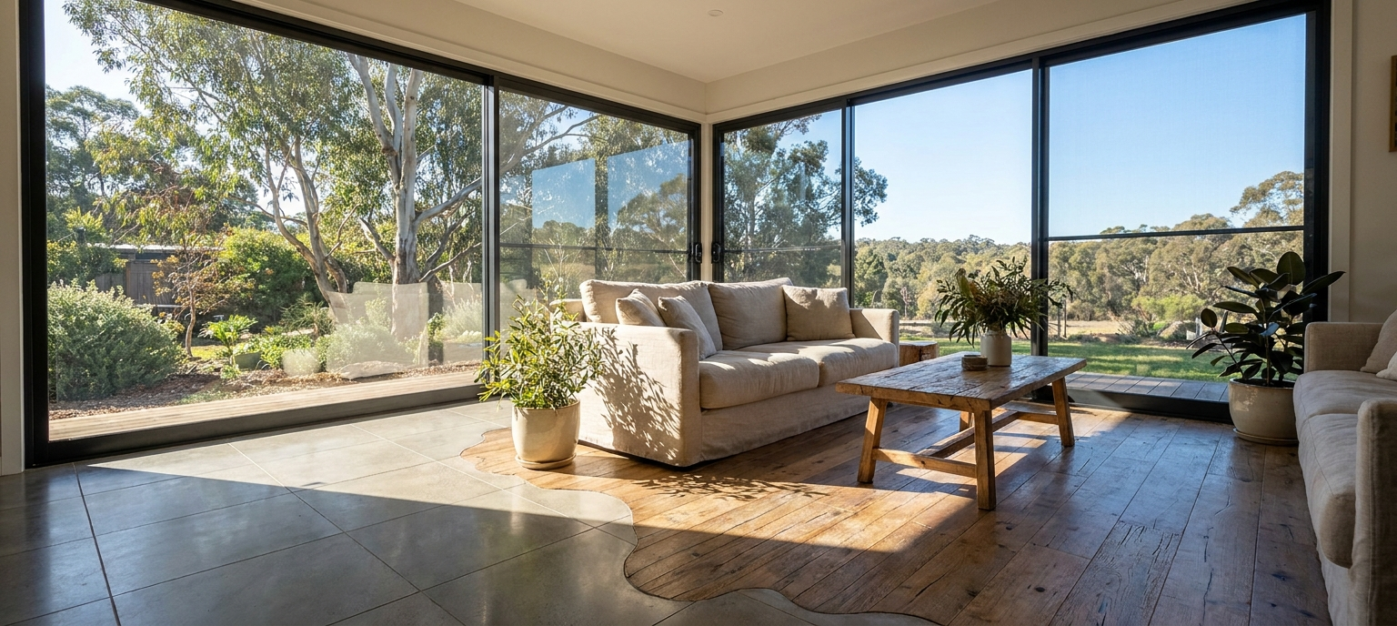 A bright living room with large windows, showcasing greenery outside, perfect for a cozy space with the best vacuum mop combo Australia.