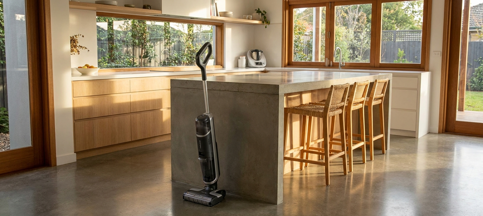 A modern kitchen with a sleek mop vacuum standing next to a concrete island and wooden bar stools, illuminated by natural light.