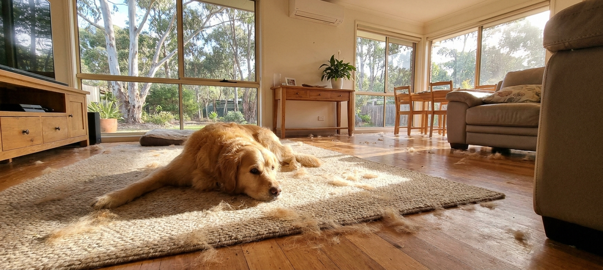 A golden retriever rests on a rug surrounded by pet hair, highlighting the need to eliminate pet hair from home surfaces.