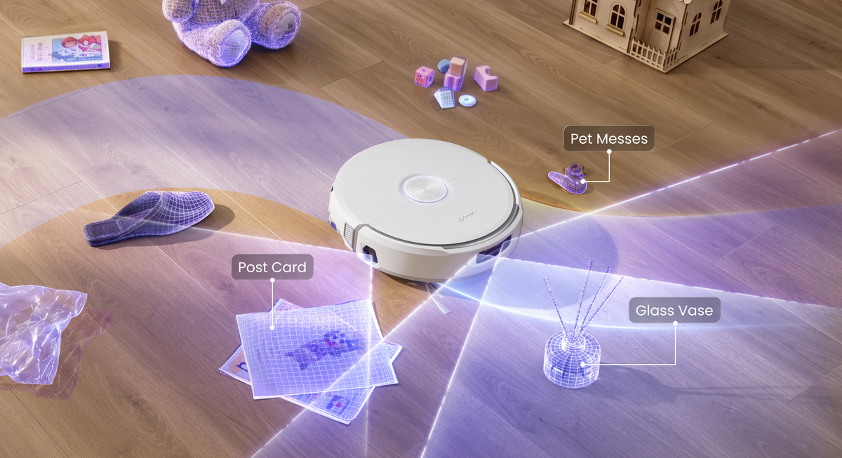 TwinAI obstacle recognition scene with Post Card, Glass Vase, and Pet Messes labels