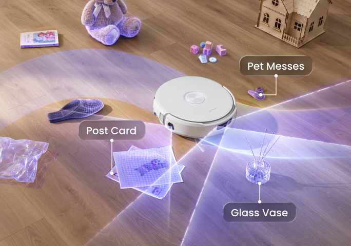 TwinAI obstacle recognition scene with Post Card, Glass Vase, and Pet Messes labels